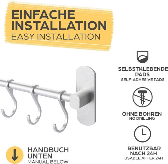 VBNZBK Haaklijst keuken, ophanging keukengerei met 6 haken, hakenlijst keuken zonder boren messenorganizer voor keukengerei, keukenhulp, kookaccessoires (zilver