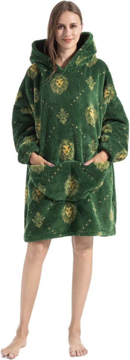 Badrock hoodie deken - Leeuwen fleece deken met mouwen en capuchon – fleece hoodie – Draagbare deken - fleece kleed met capuchon en mouwen – maat XS t/m XL – TV plaid met mouwen - 90 cm - groen