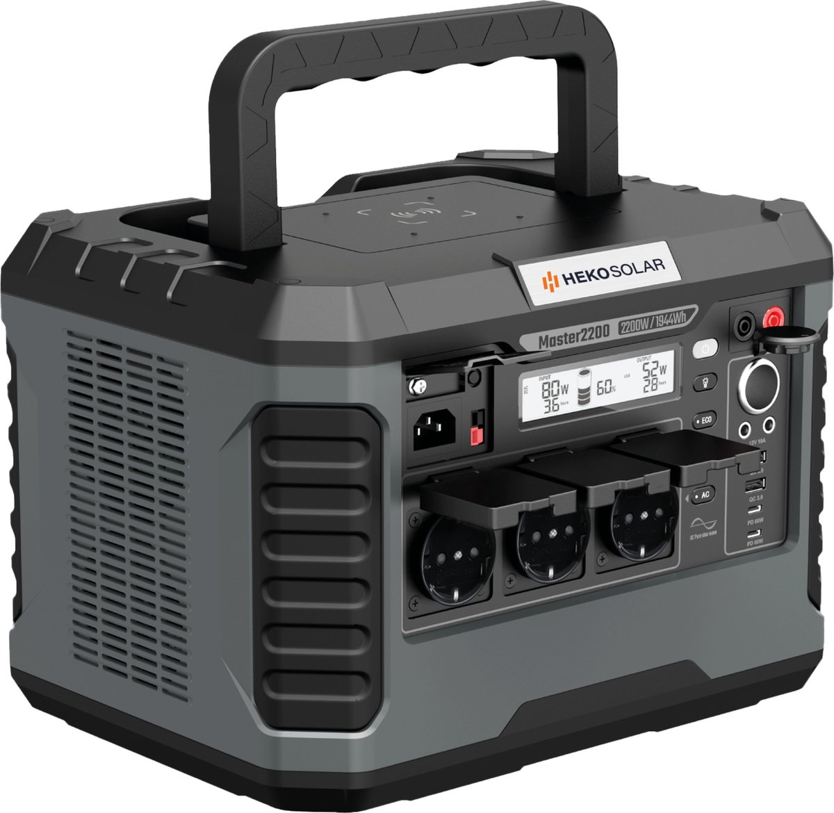 Heko Solar® Master 2200 - Powerstation - 2200W (4400W Piek) - 1944Wh Capaciteit - Draagbaar - Geschikt voor Zonnepanelen - Generator - Voor Noodpakket, Stroomuitval, Kamperen en Outdoor