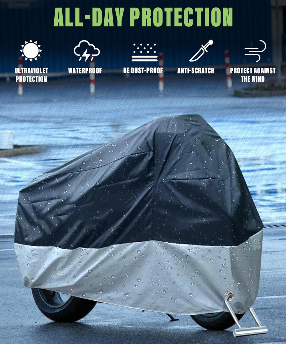 Motorhoes Waterdicht Buiten - 1 stuk - Universeel Motor en Scooter Hoes - 265 x 105 x 125 cm - XXXL - zwart - zilver - motorfiets hoes - regendicht - bescherming tegen de zon - stofdicht -motorfiets regenjas – foto 5