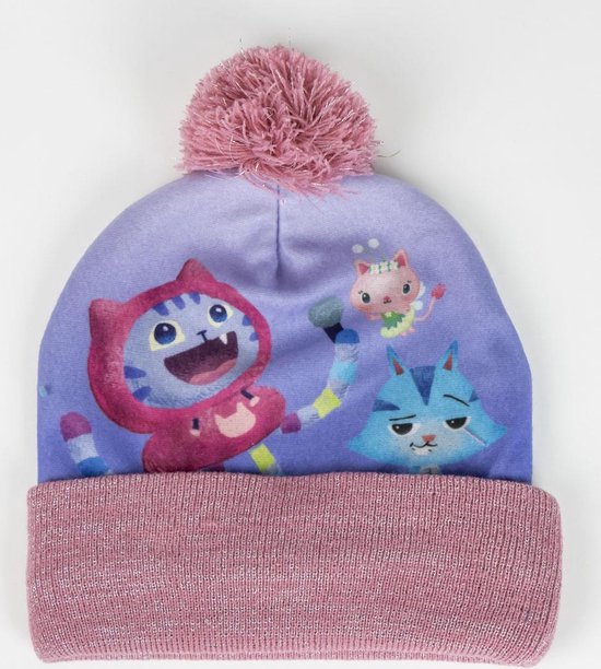Paarse muts met roze gebreide boord, met opdruk van katten in een paarse hoodie.