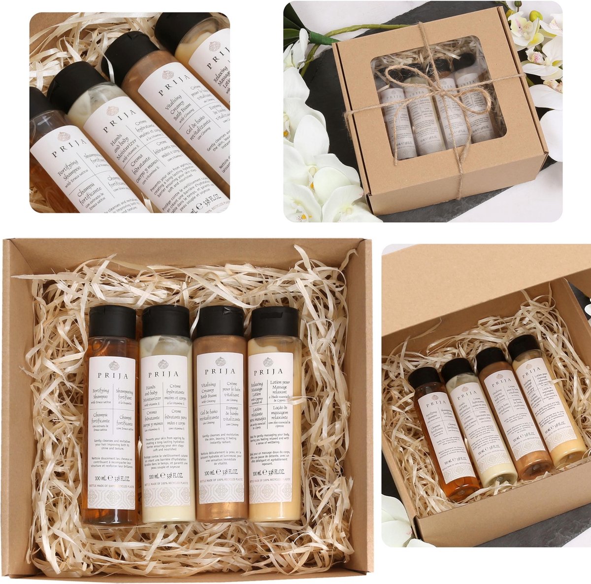 PRIJA Cosmeticaset: haarshampoo, massagebalsem, hydraterende crème, bubbelbad 4x100ml