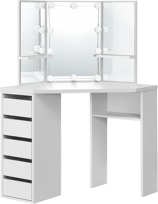 Kaptafel Holly met spiegel en verlichting 2 lades spaanplaat - wit - Modern Trasman