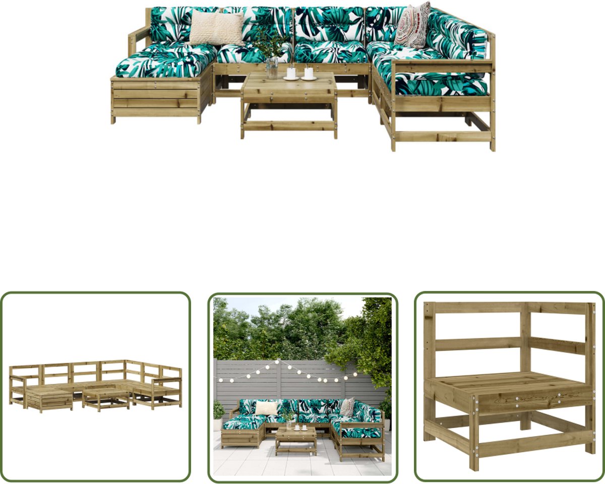 8-delige Loungeset van geïmpregneerd grenenhout en teak meubel - Tuinmeubilair in tuinsetting