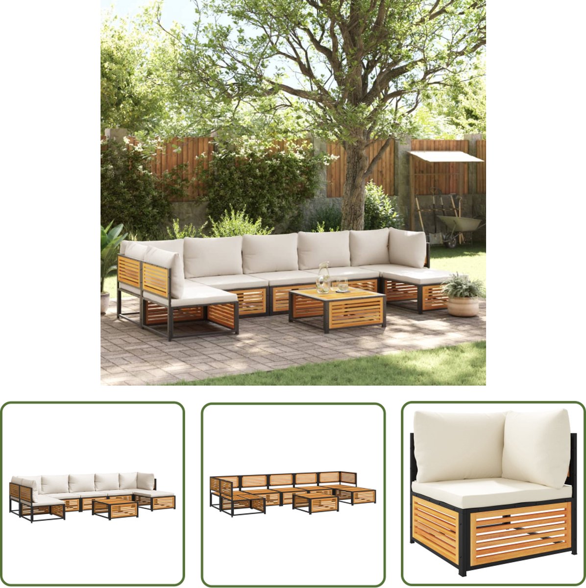 Acaciahouten loungeset met kussens, Loungebank in tuinsetting met tafel.