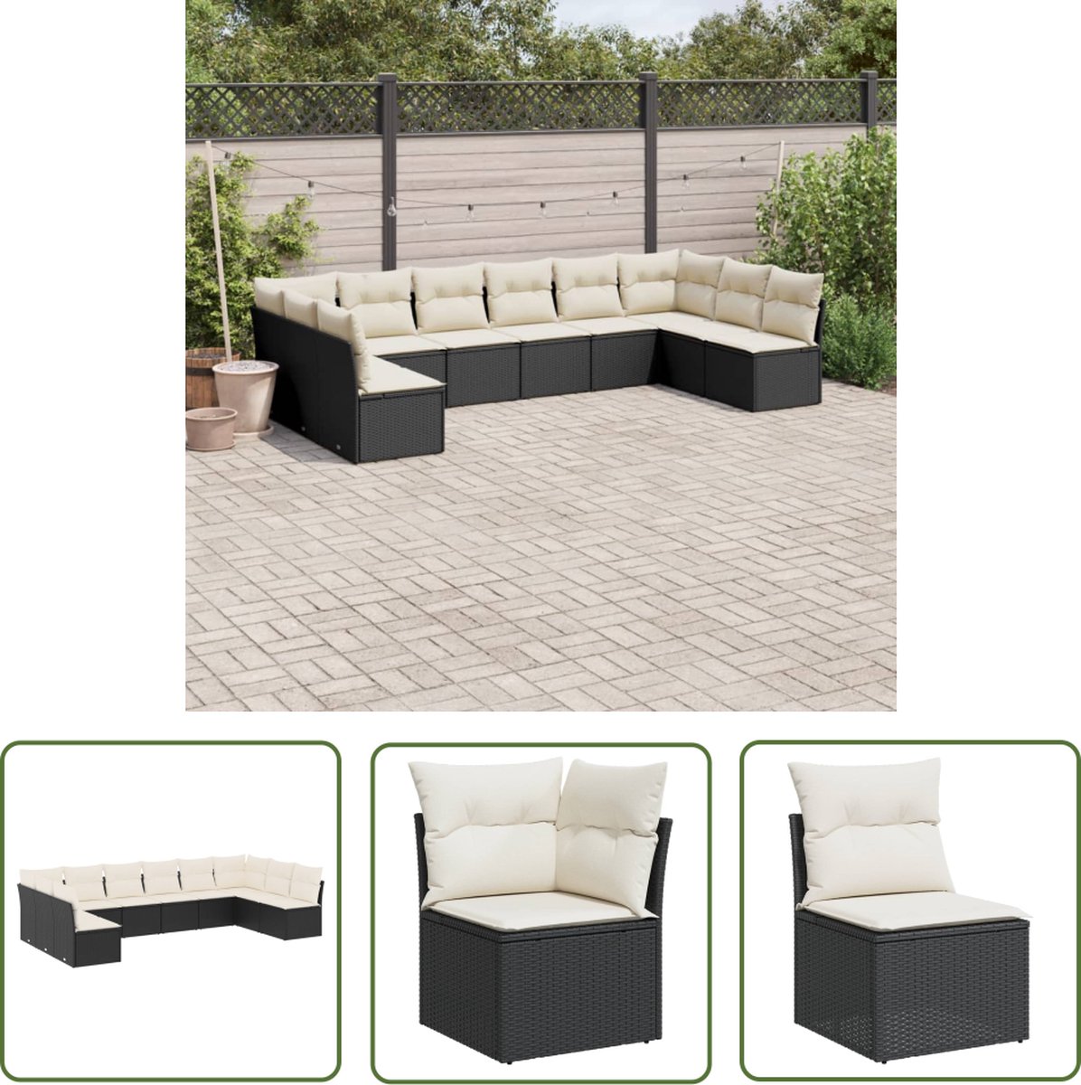 Zwarte poly rattan loungeset met kussens voor tuindecoratie.