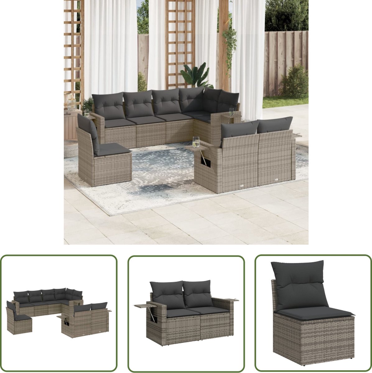 Grijze poly rattan loungeset met kussens voor tuinmeubelen - The Living Store.