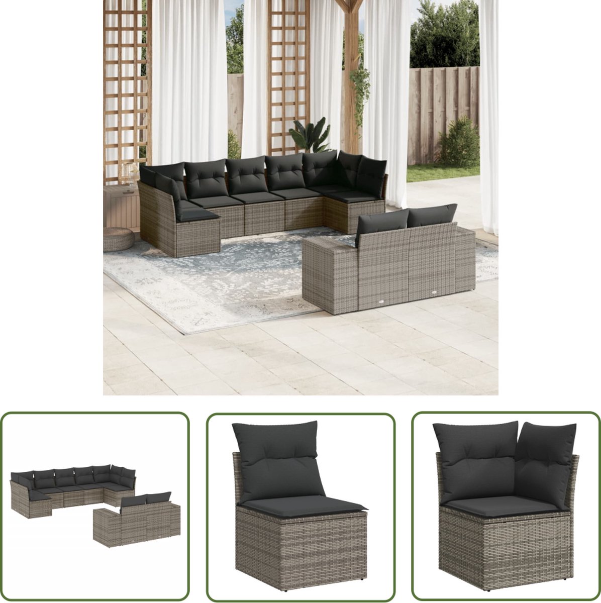 The Living Store 9-delige Loungeset met kussens poly rattan grijs - Loungeset - Tuinset - Lounge Set - Buitendecoratie - Outdoor Furniture