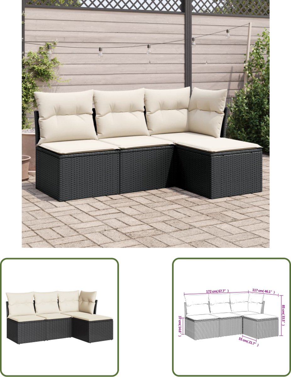 Luxe zwarte poly rattan loungeset met kussens voor buiten.