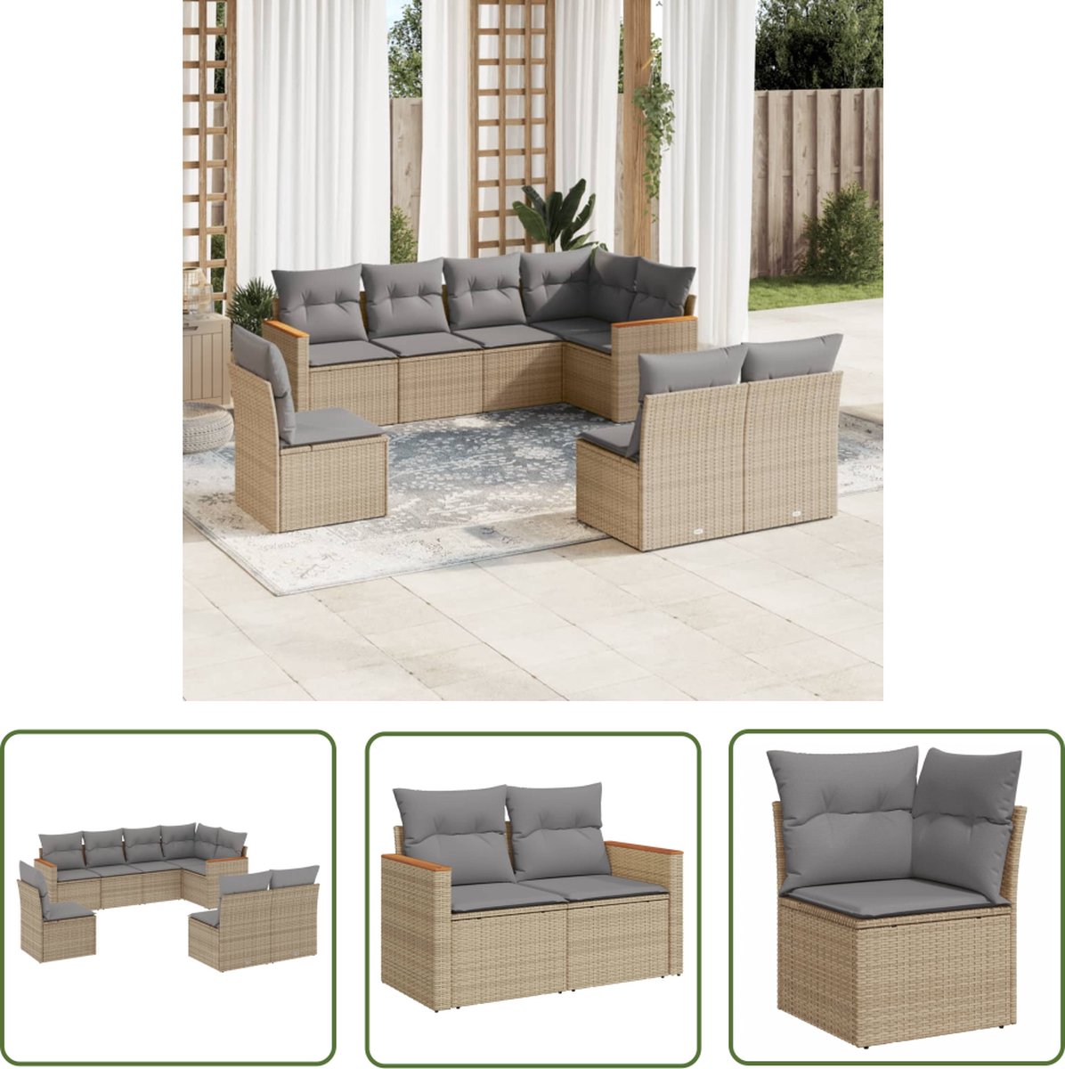 The Living Store 8-delige Loungeset met kussens poly rattan gemengd beige - Loungeset - Tuinset - Lounge Set - Buitendecoratie - Tuinbank