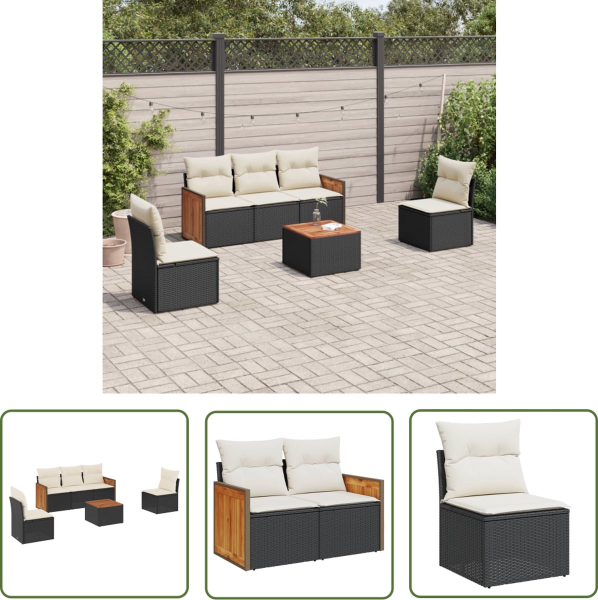 The Living Store 6-delige Loungeset met kussens poly rattan zwart - Loungeset - Tuinmeubels - Lounge Set - Pe Rattan - Outdoor Furniture
