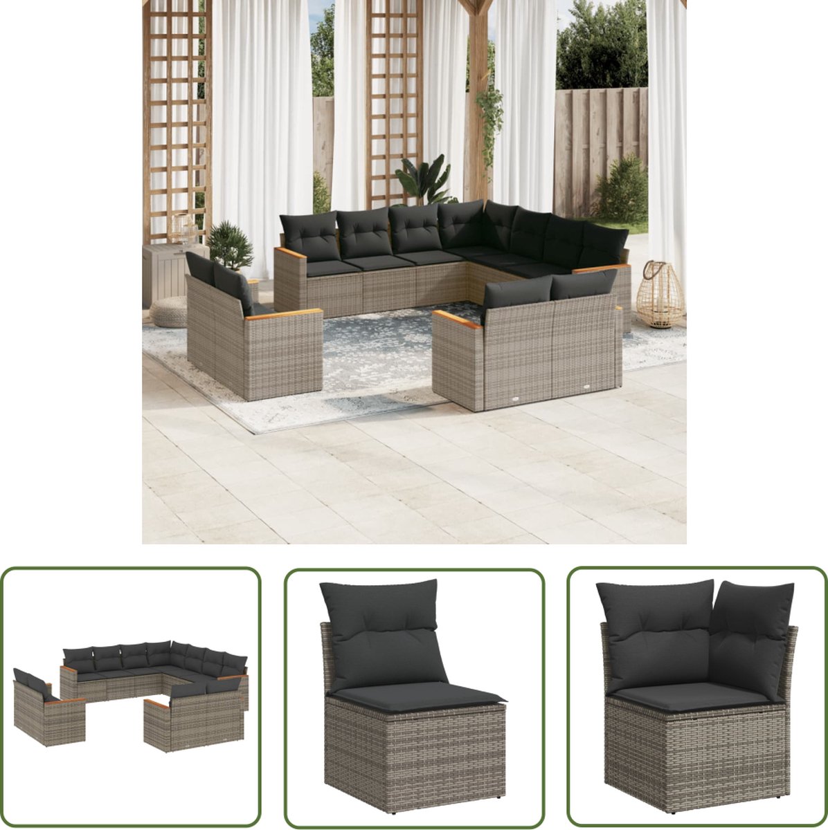 The Living Store 11-delige Loungeset met kussens poly rattan grijs - Loungeset - Tuinset - Lounge - Buiszitter - Outdoor Furniture