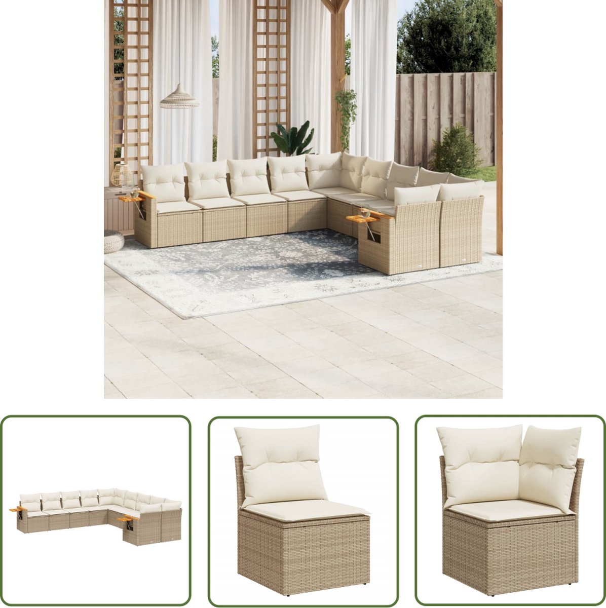 The Living Store 10-delige Loungeset met kussens poly rattan beige - Loungeset - Tuinset - Lounge Set - Buitendecoratie - Tuinmeubels