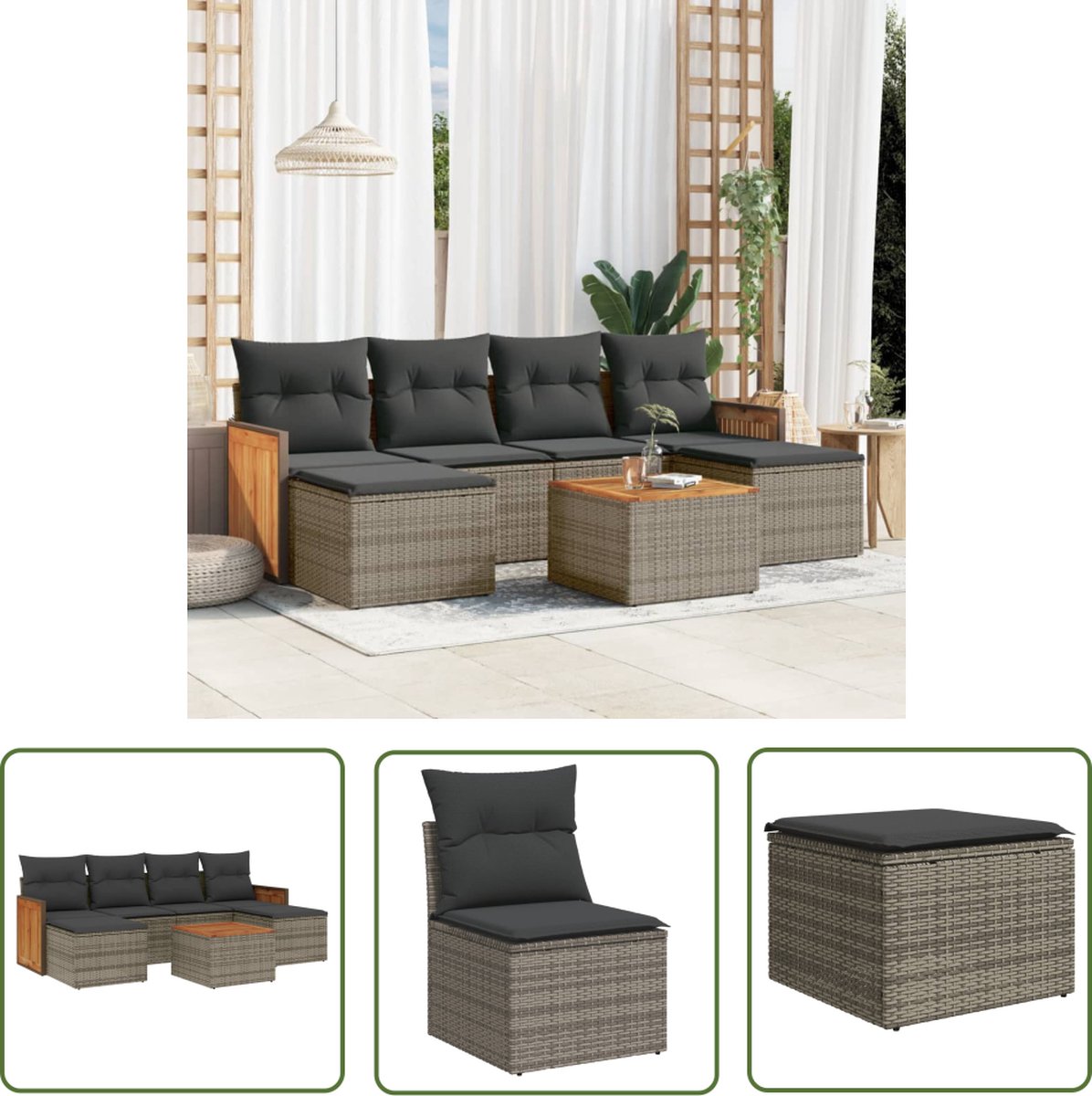 The Living Store 7-delige Loungeset met kussens poly rattan grijs - Loungebank - Lounge Set - Tuinlounge - Buitendining - Teak
