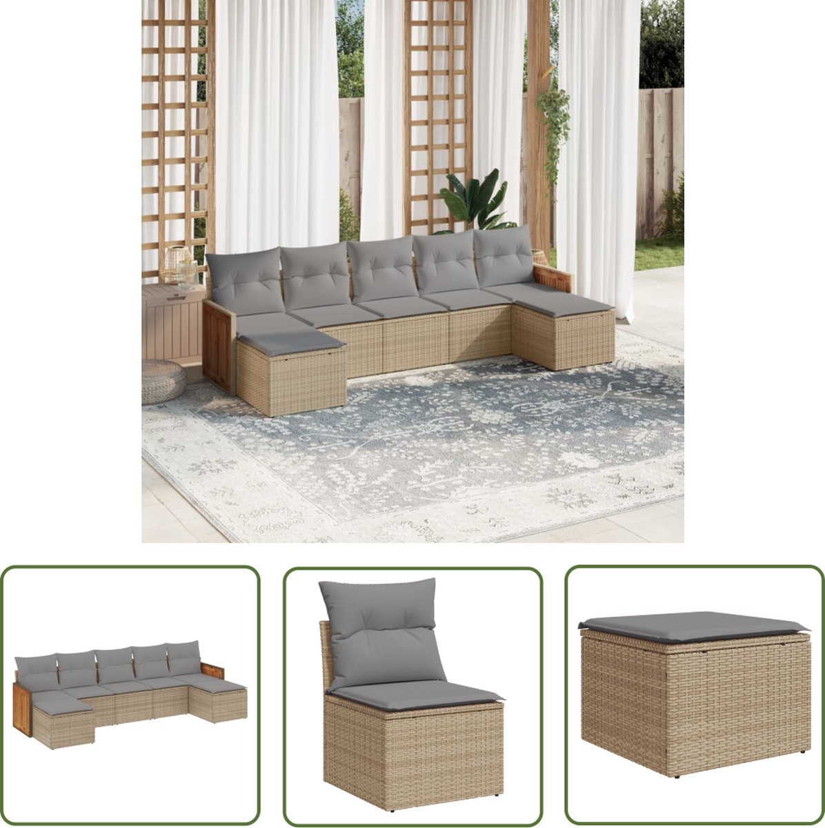 The Living Store 7-delige Loungeset met kussens poly rattan beige - Loungeset - Tuinset - Lounge - Outdoor Furniture - Garden Furniture