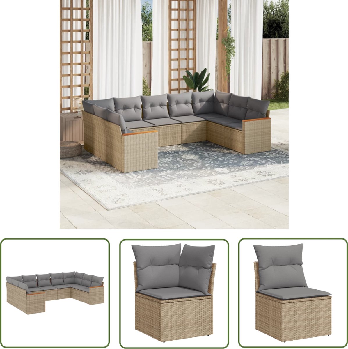 9-delige Loungeset in beige poly rattan met kussens - Tuinmeubels.