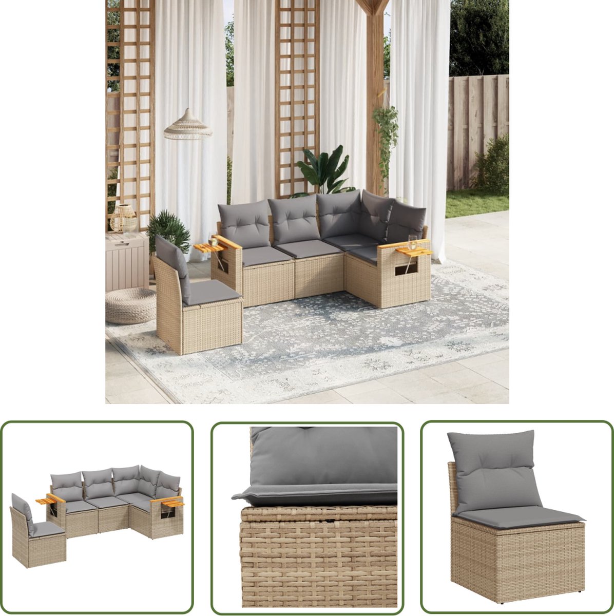 The Living Store Loungeset in beige poly rattan met kussens - Tuinmeubels