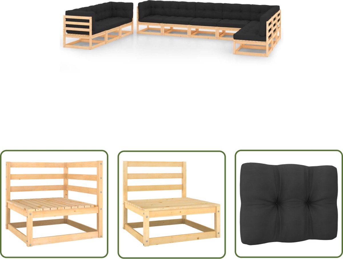 The Living Store 10-delige Loungeset met antracietkleurige kussens grenenhout - Tuin Lounge Set - Pallets Bank - Loungebank - Buitendecor - Outdoor Furniture