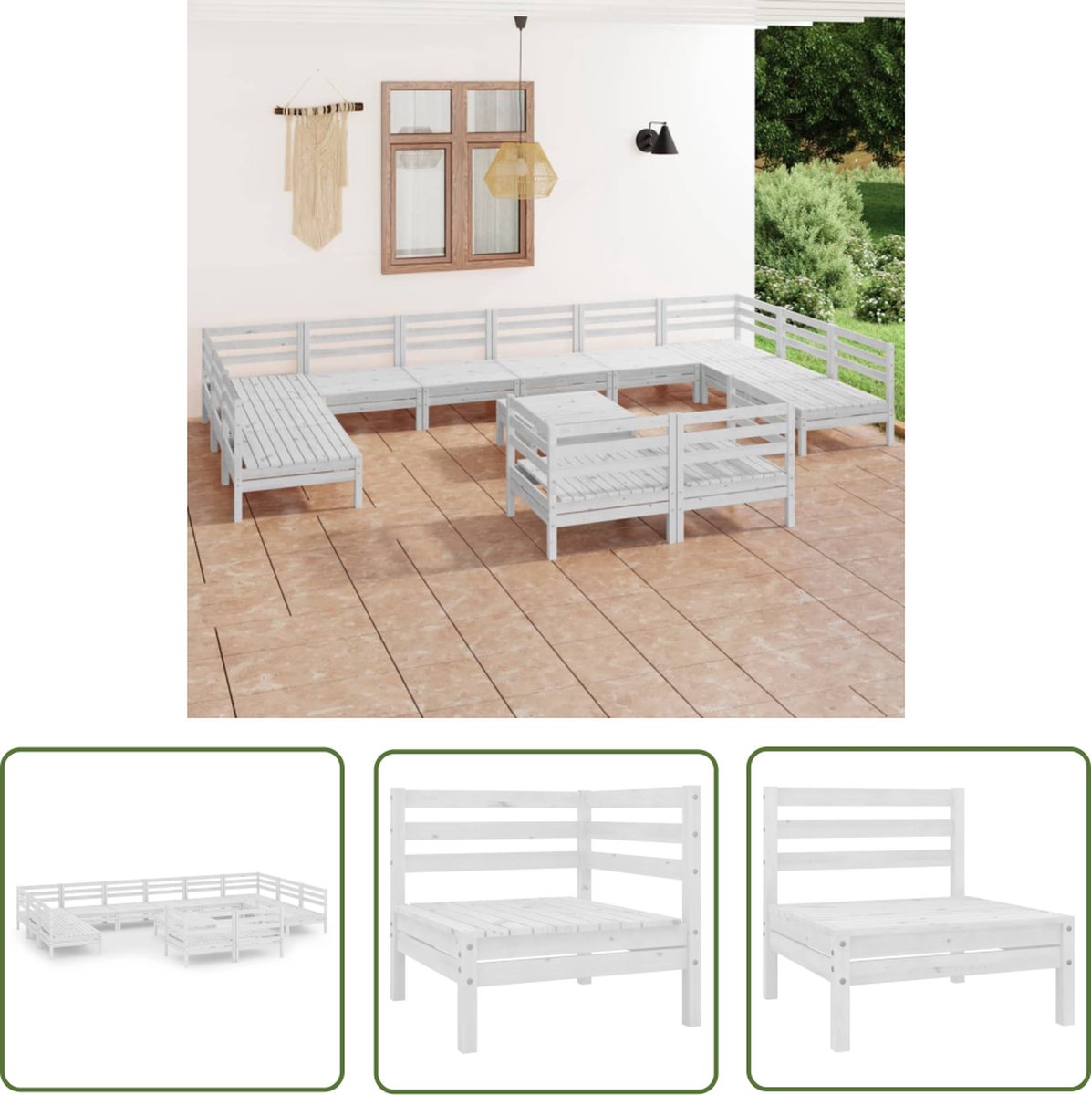 13-delige witte loungeset van massief grenenhout - tuinstoel en bank.
