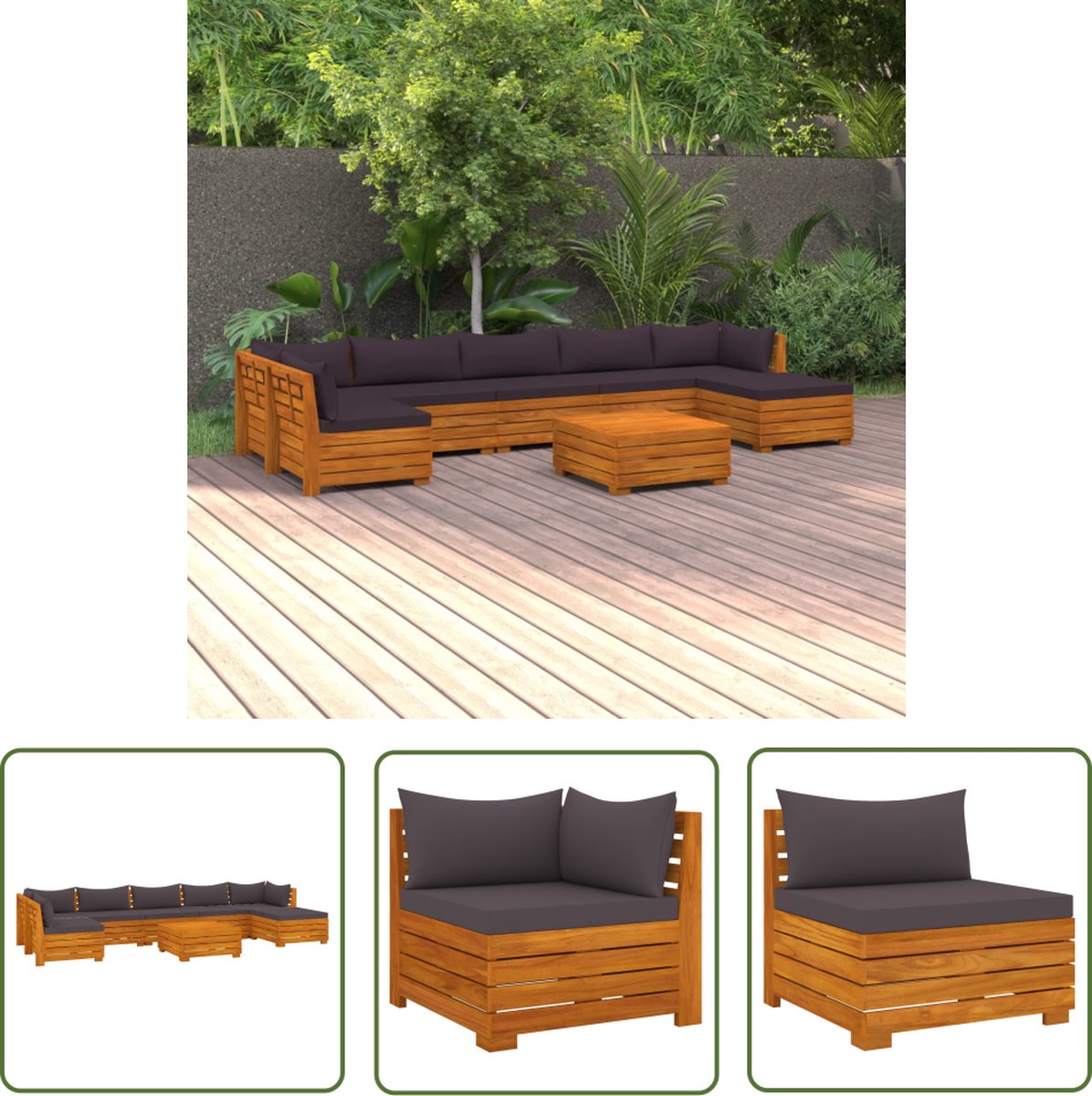 The Living Store 8-delige Loungeset met kussens massief acaciahout - Tuinmeubles - Lounge Set - Acacia Hout - Outdoor Furniture - Buitendecoratie