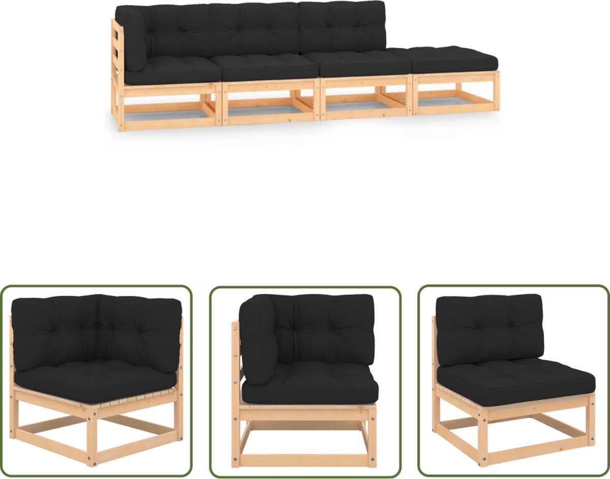 The Living Store 4-delige Loungeset massief grenenhout - Loungeset - Houten Lounge Set - Tuinset - Buitendecor - Terrasdecor