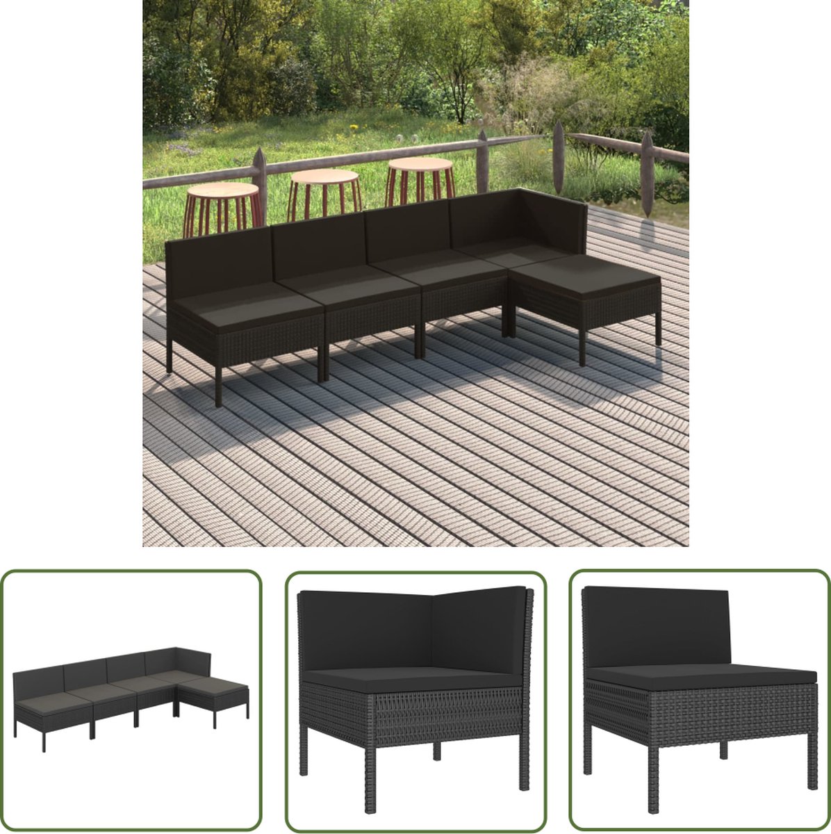 The Living Store 5-delige Loungeset met kussens poly rattan zwart - Loungeset - Tuinset - Tuinmeubels - Buitendining - Loungestoel