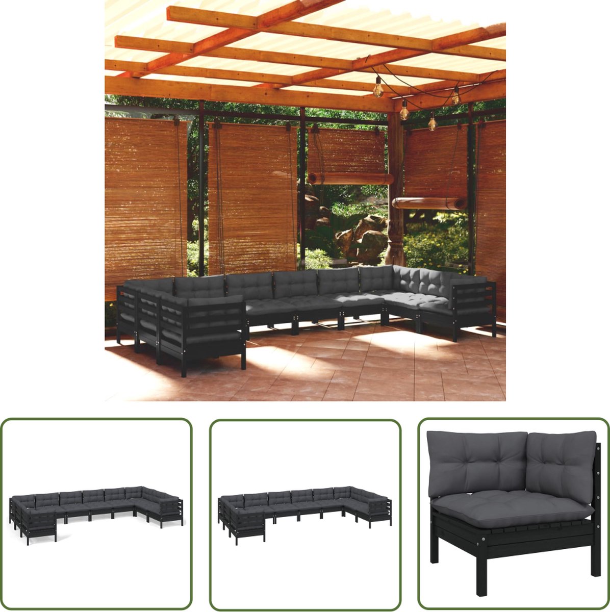 Zwarte loungeset met kussens van grenenhout voor tuinmeubels - Tuinset.
