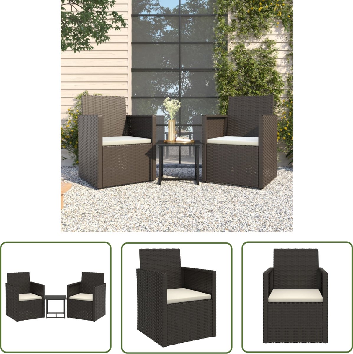 The Living Store 3-delige Loungeset met kussens poly rattan zwart - Loungeset - Tuinset - Lounge - Buitendecor - Tuinmeubel