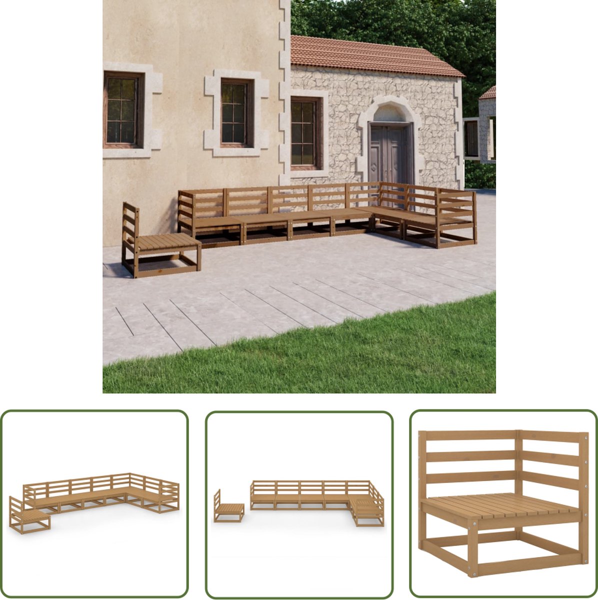 The Living Store 8-delige Loungeset massief grenenhout honingbruin - Tuinbank - Lounge Set - Hoekenbank - Buitentijdbank - Houten Bank