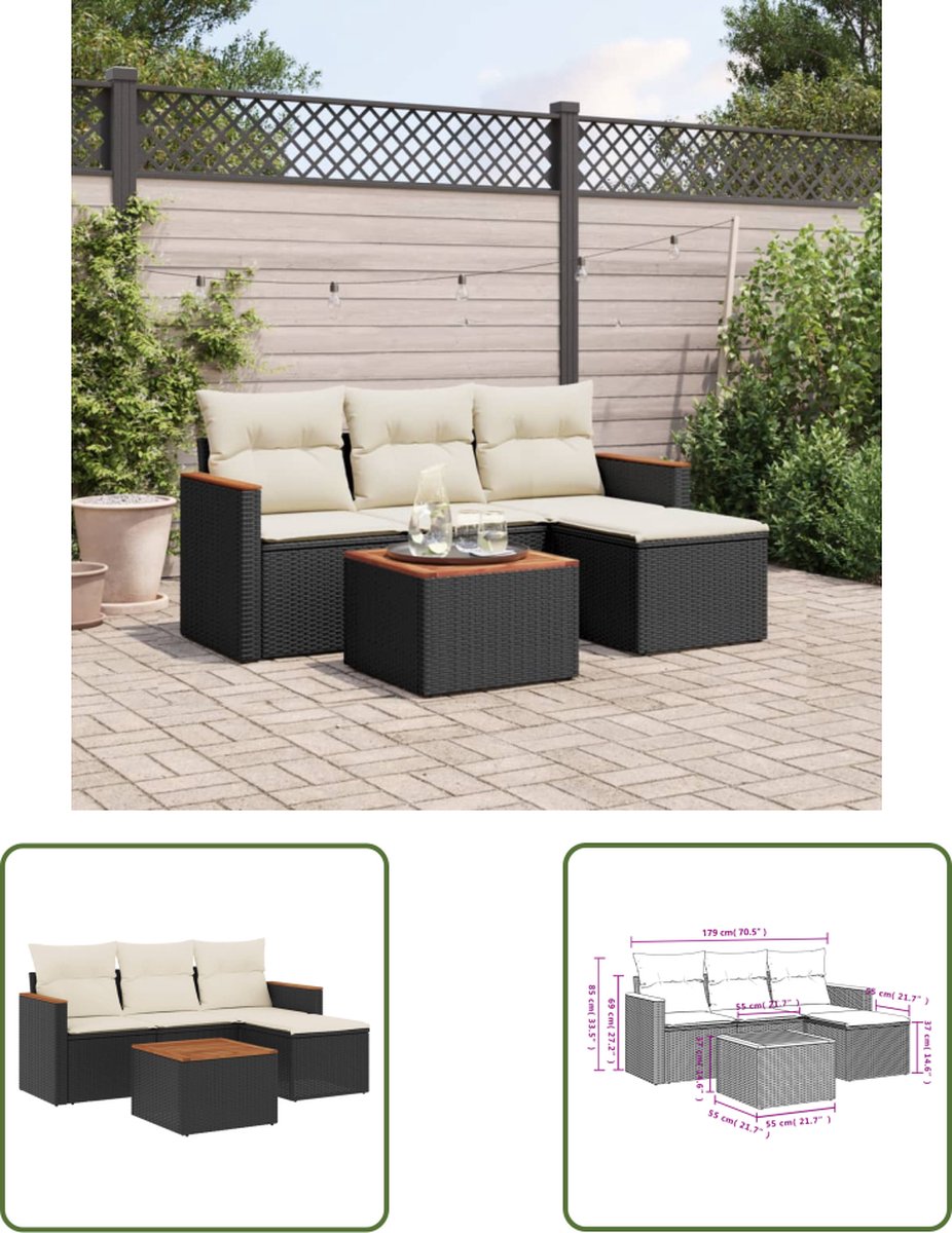 The Living Store 5-delige Loungeset met kussens poly rattan zwart - Loungeset - Tuinlounge - Lounge Set - Outdoor Furniture - Pe Rattan