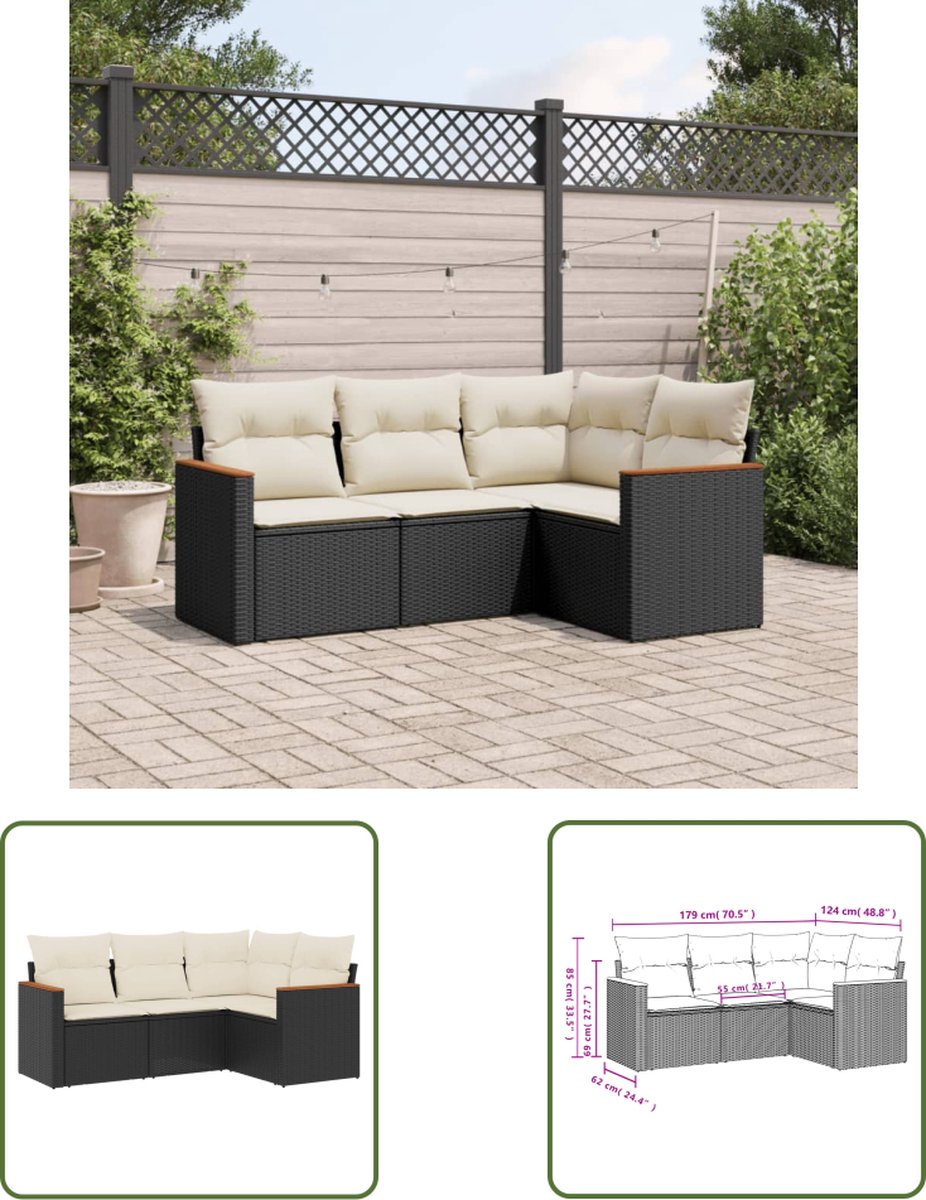 The Living Store 4-delige Loungeset met kussens poly rattan zwart - Loungebank - Tuinset - Lounge Set - Buitendecoratie - Outdoor Furniture