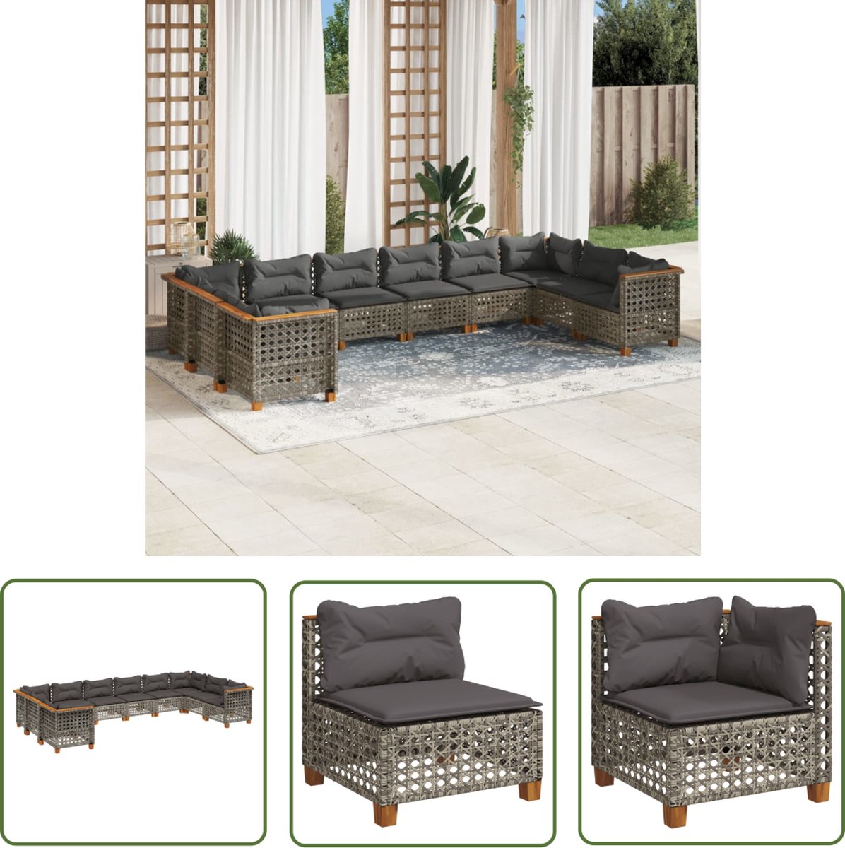 The Living Store 10-delige Loungeset met kussens poly rattan grijs - Loungeset - Tuinset - Buitendecoratie - PE-rattan - Outdoor Furniture