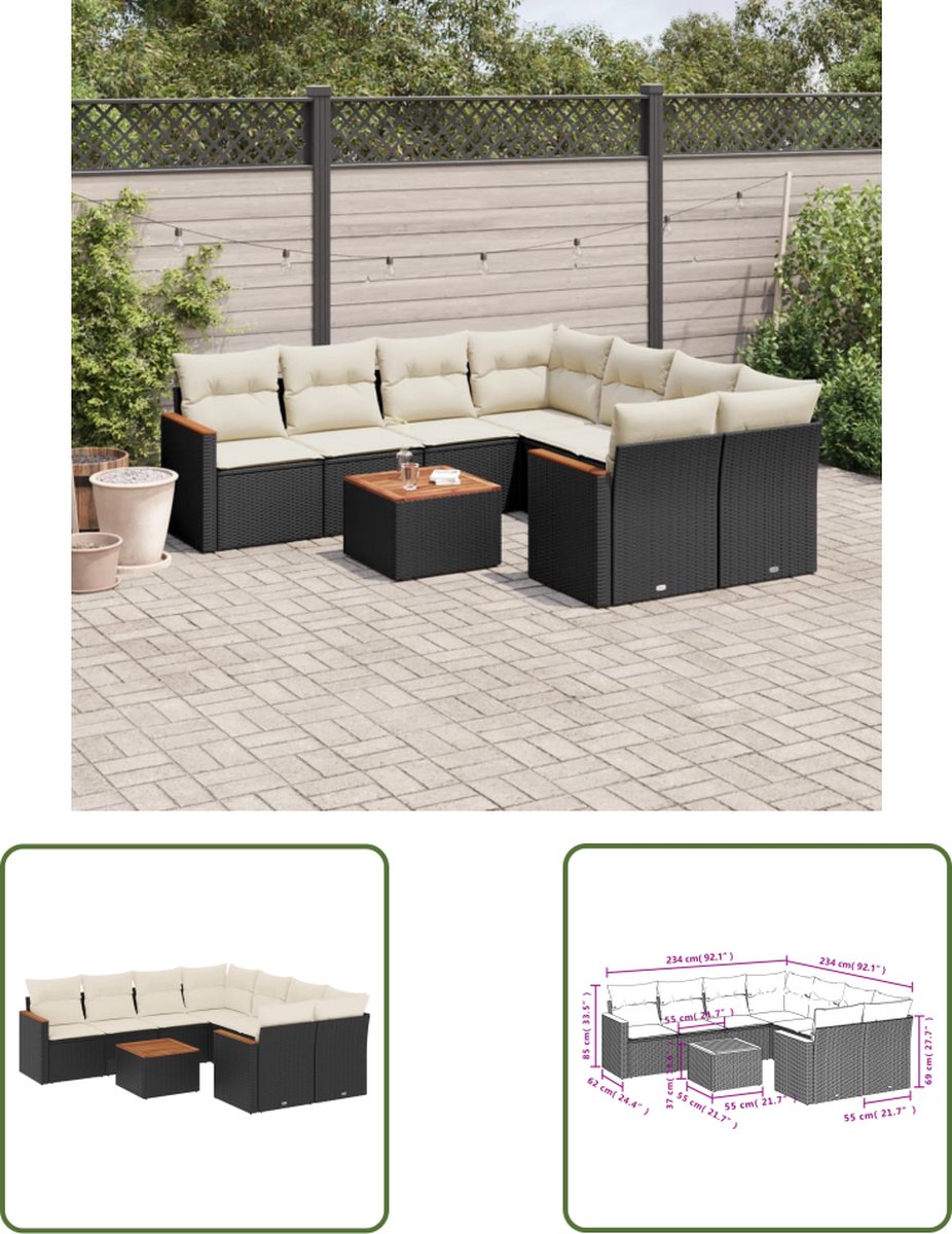 Zwart poly rattan loungeset met kussens voor buitendiner - The Living Store.