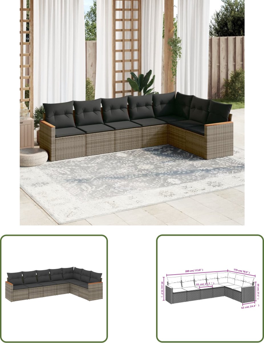 The Living Store 7-delige Loungeset met kussens poly rattan grijs - Loungeset - Tuinset - Lounge Bank - Buitendecoratie - Tuinmeubels