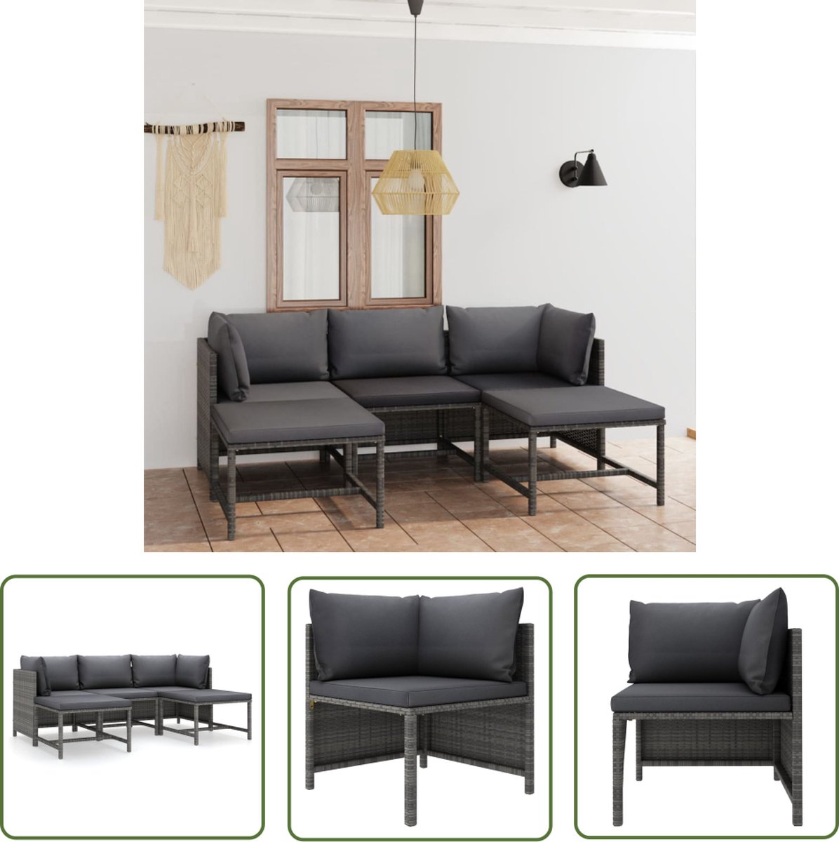 Grijze poly rattan loungeset met kussens voor buitenmeubels.