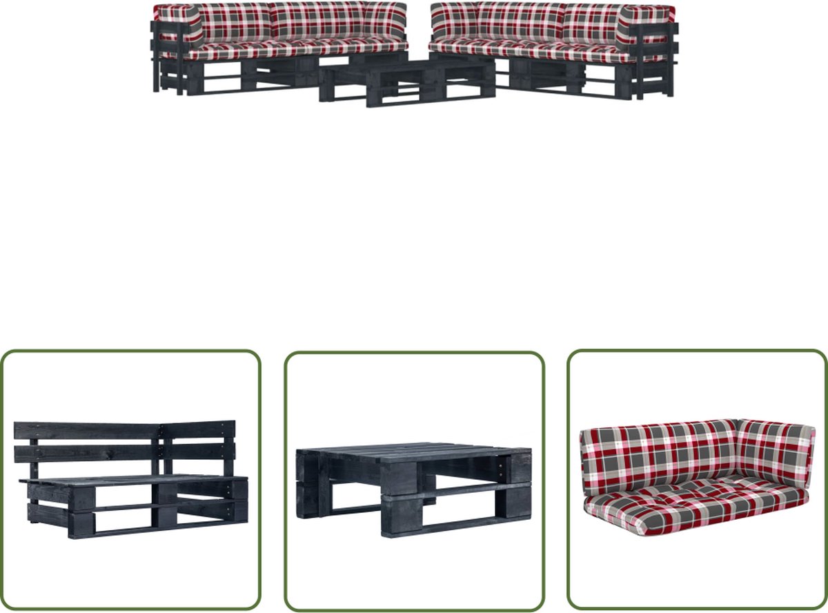 The Living Store 6-delige Loungeset pallet met kussens zwart geïmpregneerd hout - Lounge Set - Tuinstoel - Buitentijd - Hout Meubel - Patio Furniture