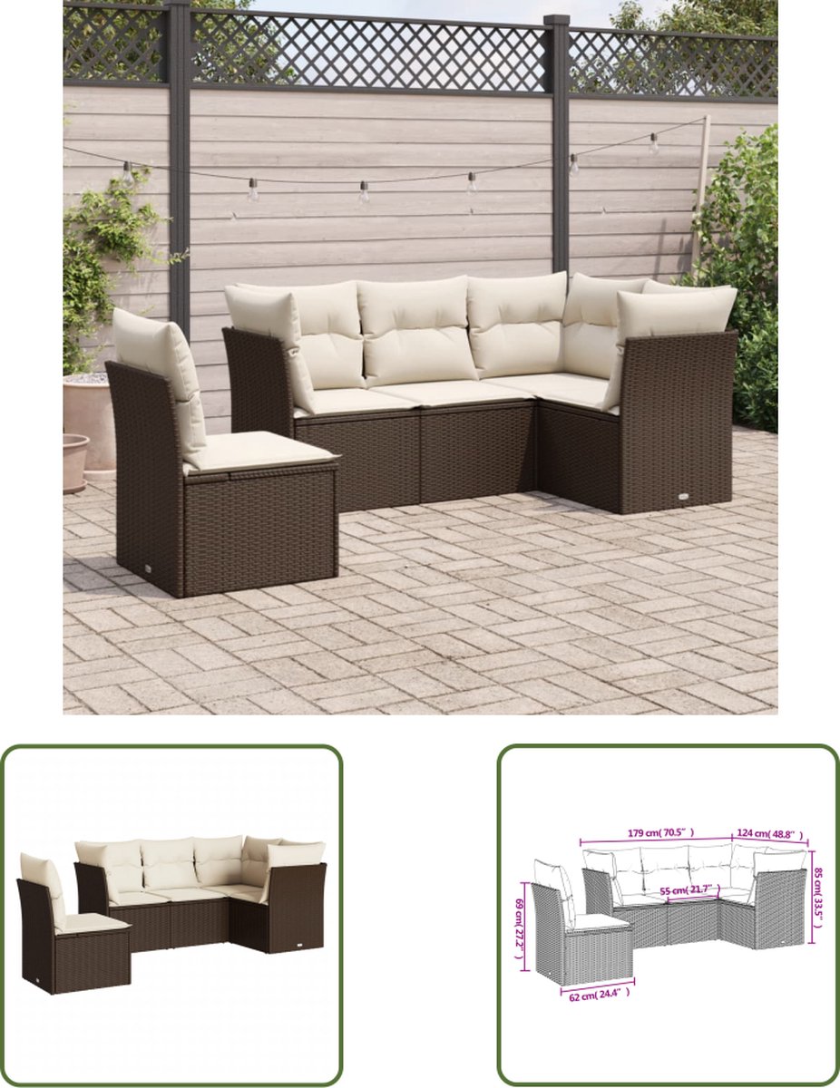 Bruine poly rattan loungeset met kussens voor buiten - Tuinmeubelset.