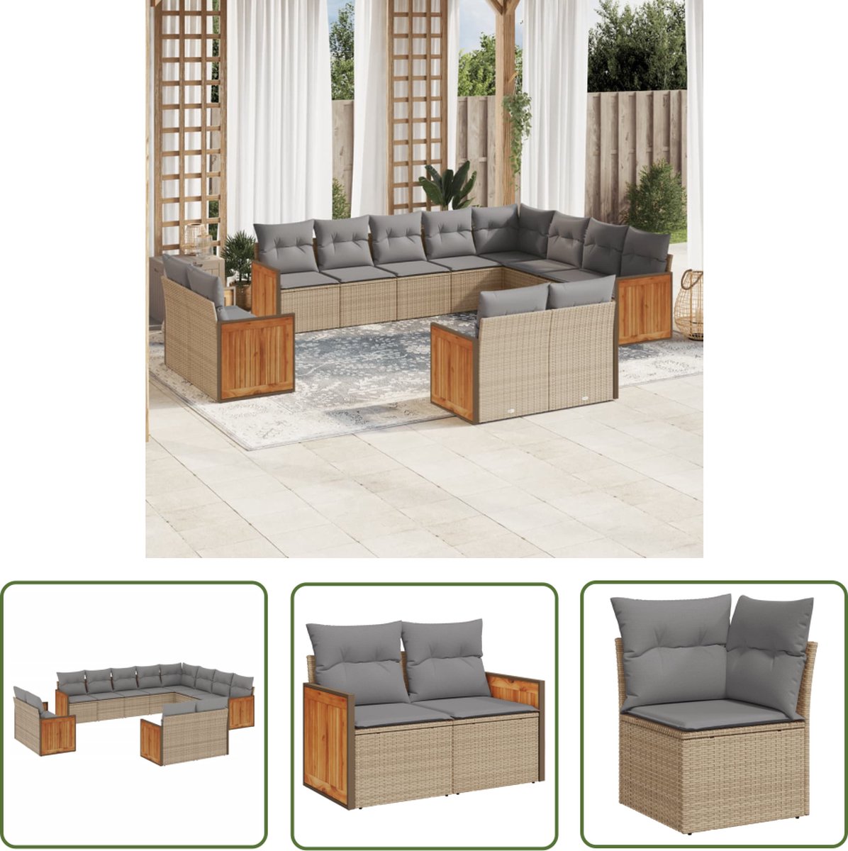 The Living Store 12-delige Loungeset met kussens poly rattan beige - Loungebank - Tuinset - Lounge Set - Buitendecoratie - Outdoor Furniture
