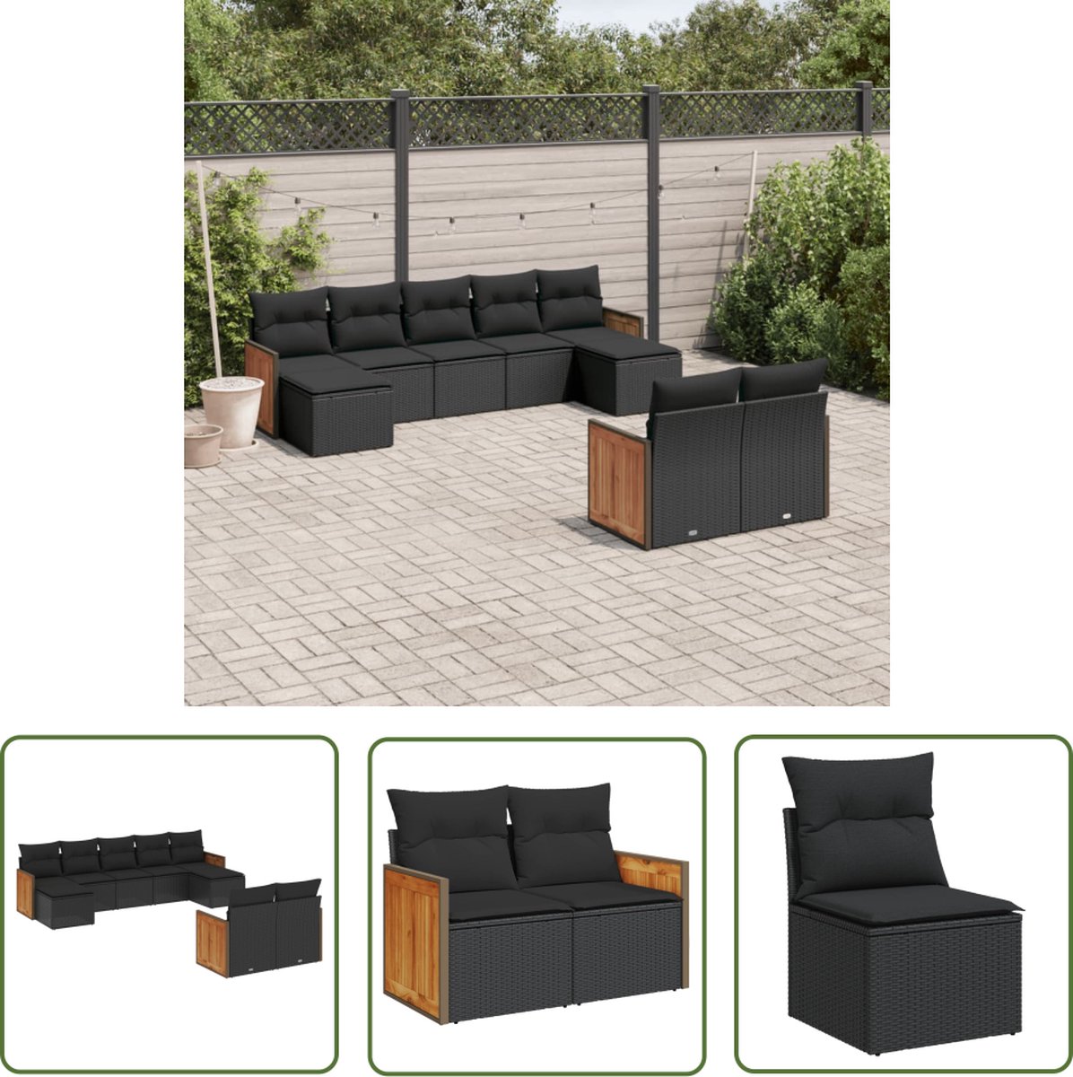 Zwart poly rattan loungeset met kussens voor tuindecoratie.