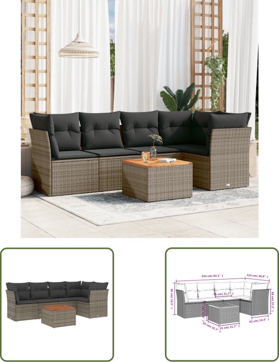 Grijze loungeset met kussens van poly rattan - Buitendecoratie voor tuinsets.