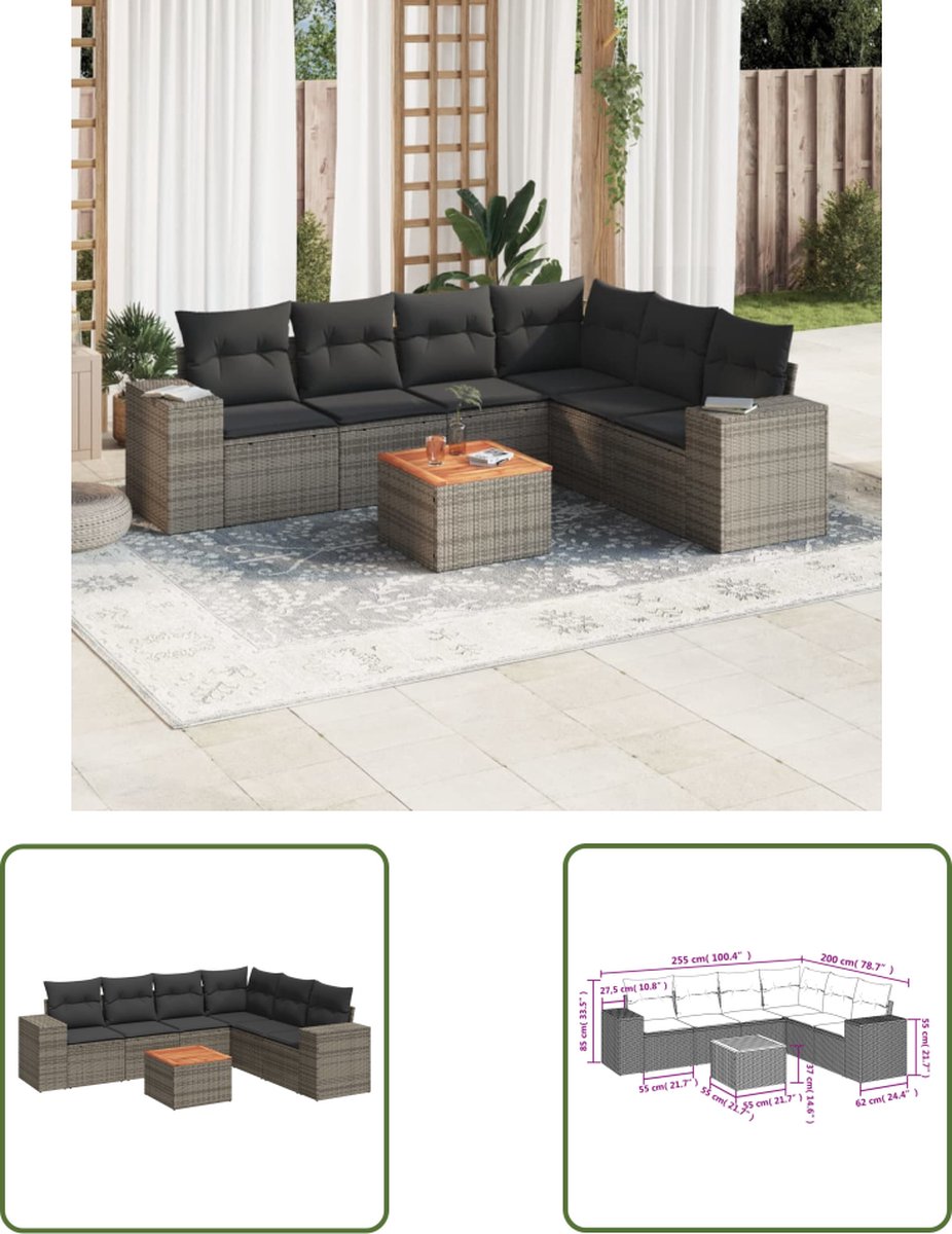7-delige Loungeset in grijs poly rattan met kussens - The Living Store.