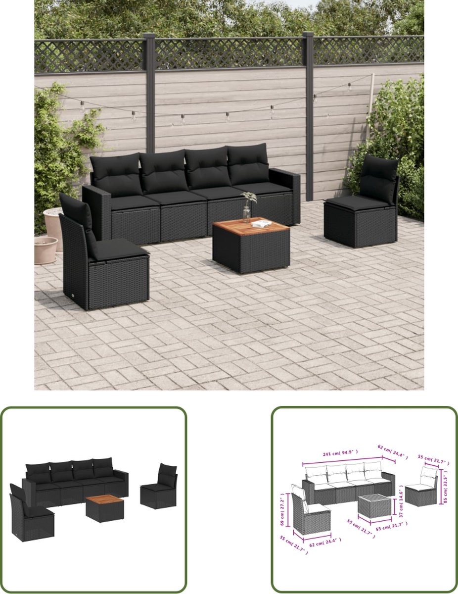 The Living Store 7-delige Loungeset met kussens poly rattan zwart - Loungebank - Lounge Set - Buitendecoratie - Tuinmeubels - Outdoor Furniture