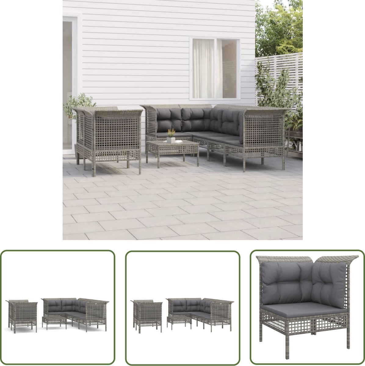 The Living Store 8-delige Loungeset met kussens poly rattan grijs - Tuin Lounge Set - Loungebank - Outdoor Furniture - Patio Set - Tuinset