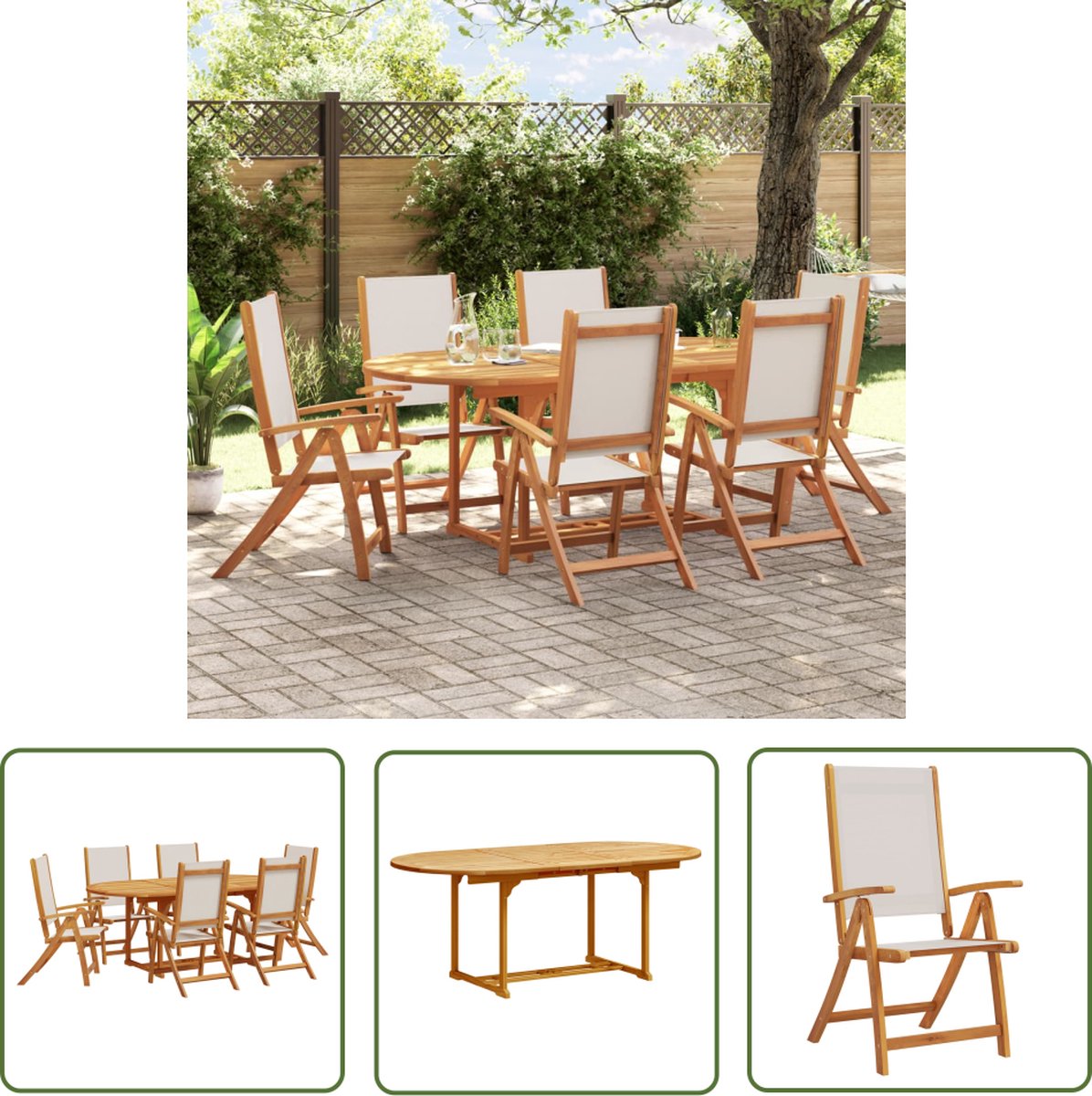 The Living Store 7-delige Tuinset massief acaciahout en textileen - Tuinmeubleset - Acacia Hout - Eetkamerset - Buitentafel - Tuinstoelen