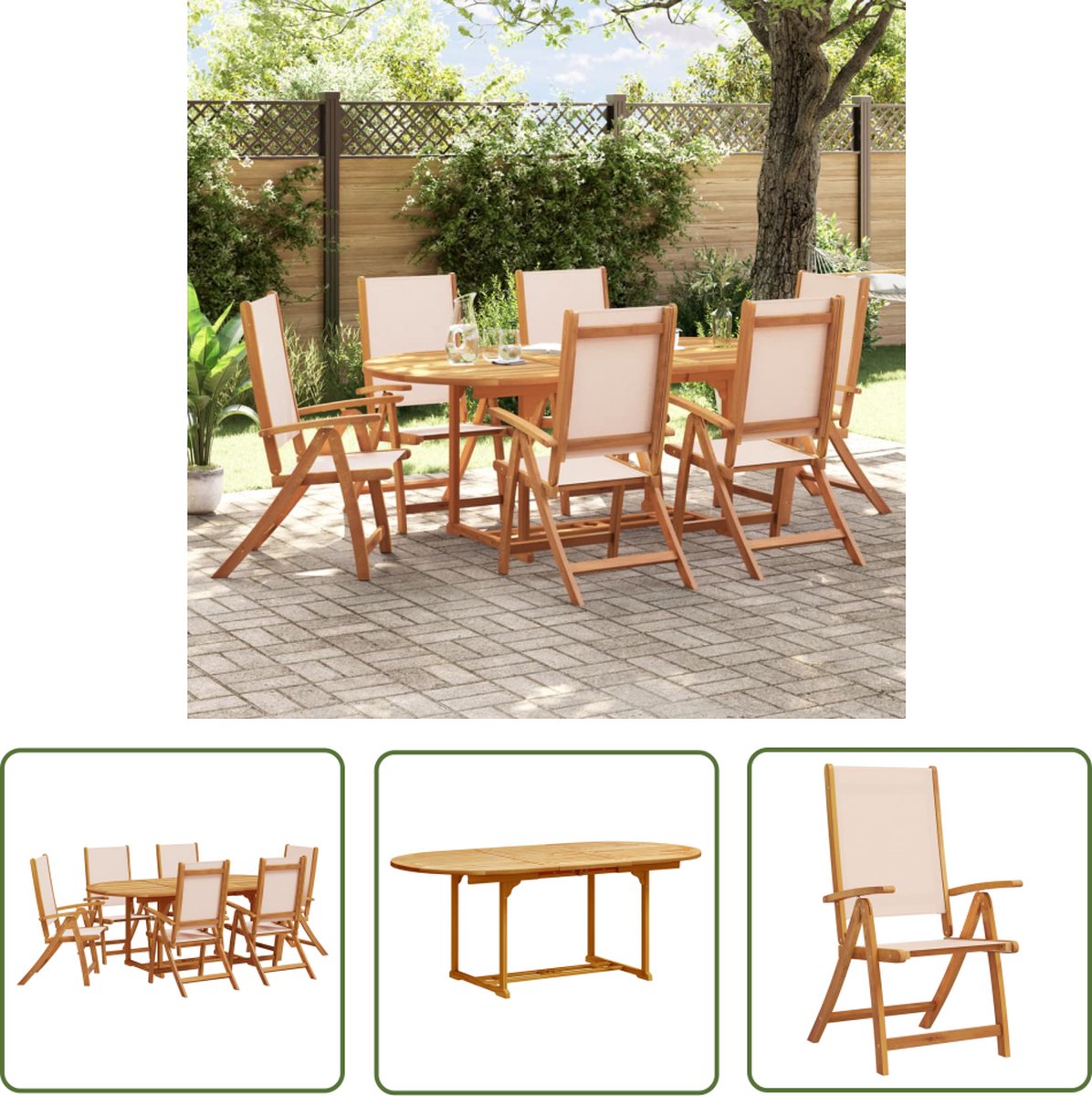 The Living Store 7-delige Tuinset massief acaciahout en textileen - Tuinmeubleset - Acacia Hout - Eetkamerset - Buitenshuis Eten - Lounge Set
