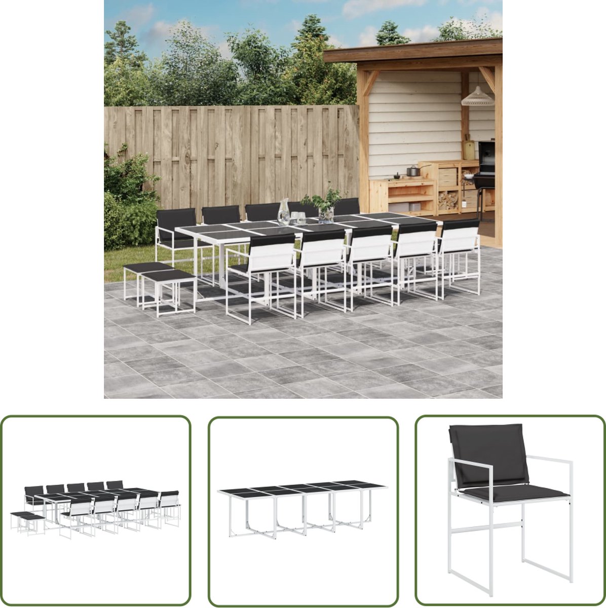 The Living Store 15-delige Tuinset met kussens textileen wit - Tuinmeubels - Tuinset - Buitentafel - Eetkamerset - Lounge Set