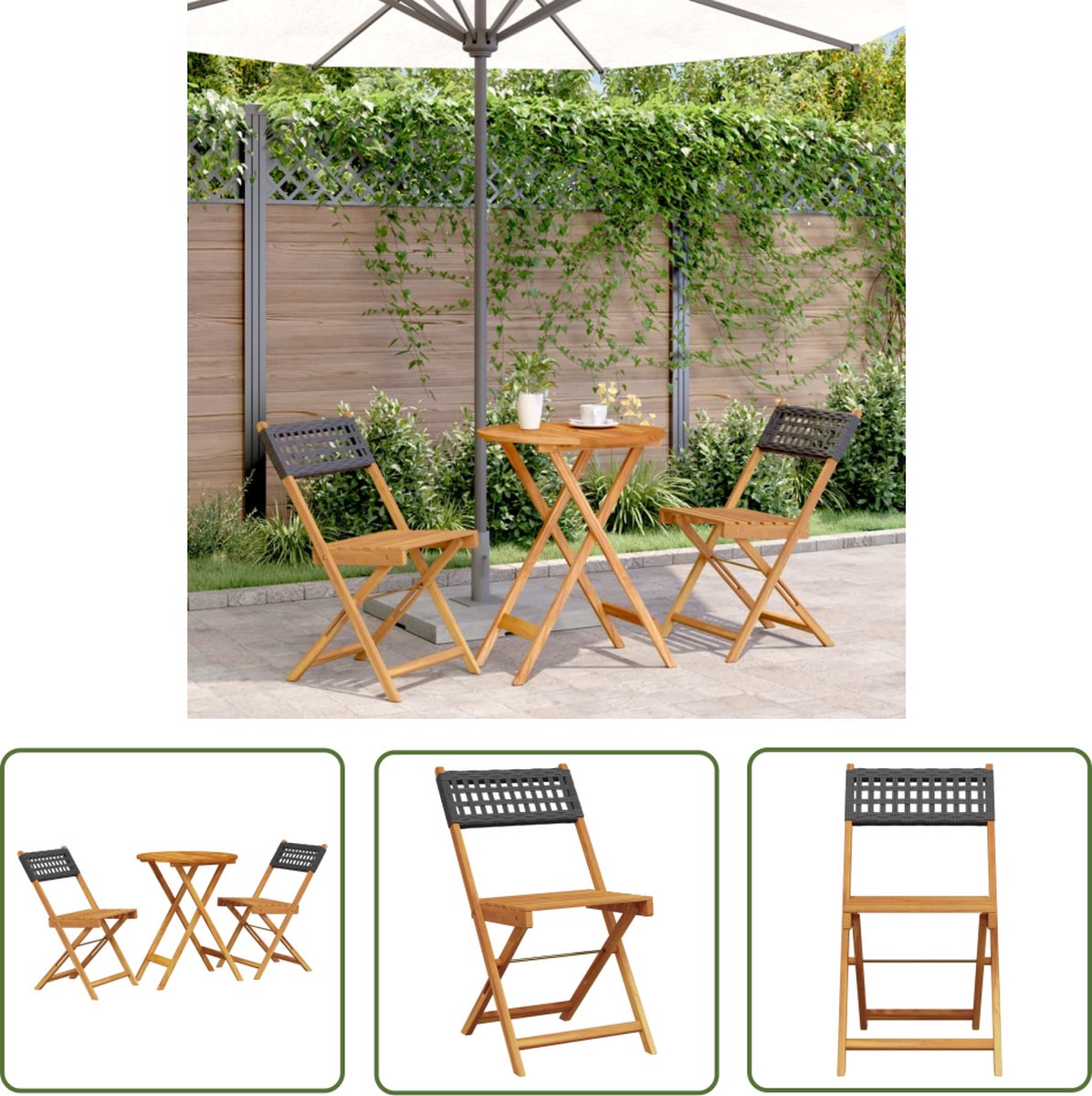 The Living Store 3-delige Bistroset poly rattan en massief hout zwart - Tuinsets - Bistroset - Acacia Hout - Pe Rattan - Buitameubel