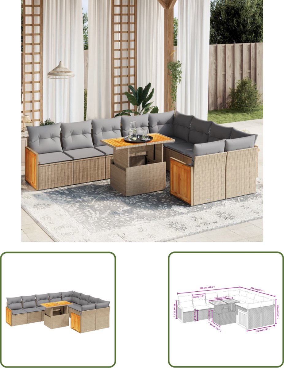 The Living Store 10-delige Loungeset met kussens poly rattan beige - Loungeset - Tuinmeubels - Lounge Set - PE-rattan - Modulair