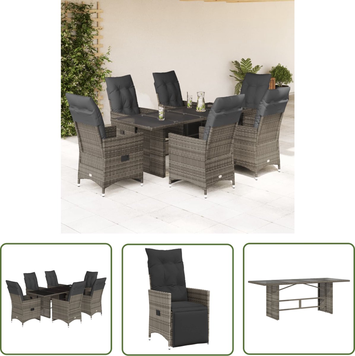 Grijze poly rattan bistroset met kussens voor tuinmeubels en buitendecoratie.