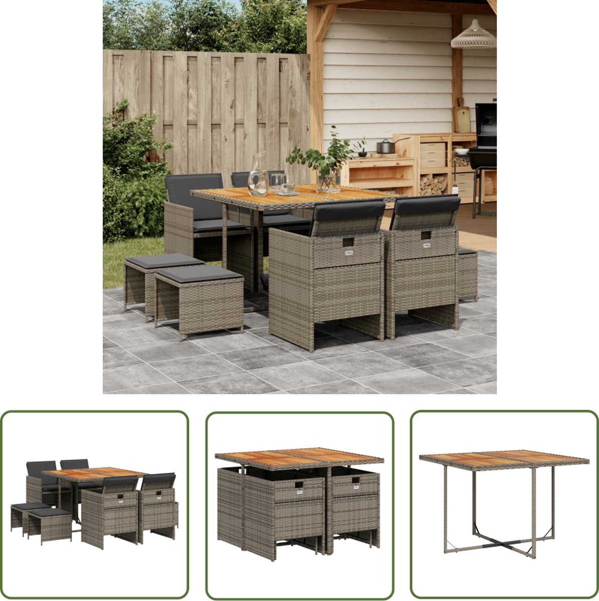 The Living Store 9-delige Tuinset met kussens poly rattan grijs - Tuinmeubels - Buitenkamer - Lounge Set - Eetgroep - Patio Set